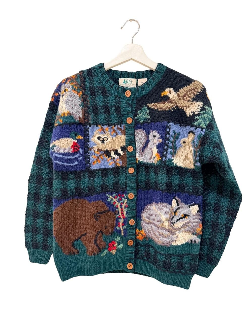 REI Cardigan Sweater Womens Small Green 100% Wool Hand Knit Wildlife Animals VTG